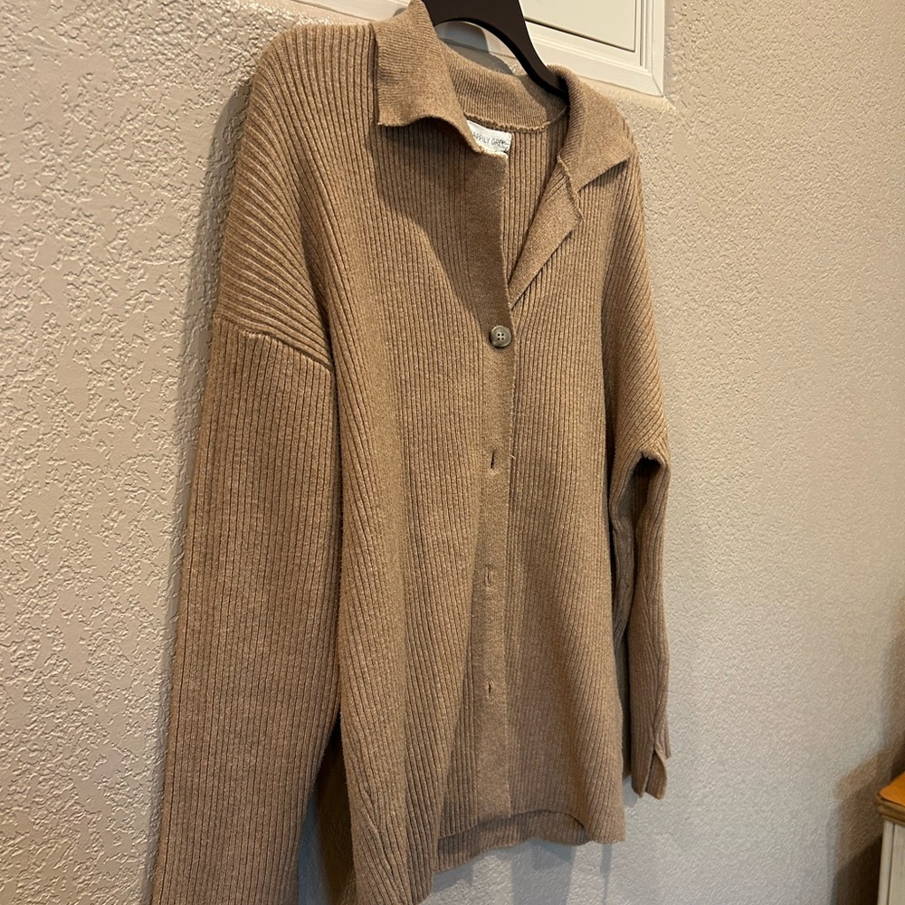 Happily Grey Tan Ribbed Women's Cardigan Sweater - Picture 3 of 12